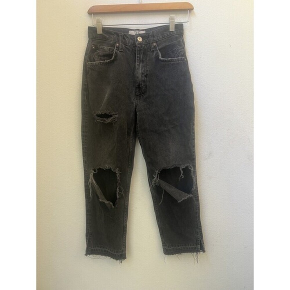 Free People- Black Distressed Straight leg Jeans